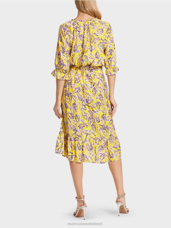kleding citroen groen 464J75 jurk met print en overslageffect Marc Cain