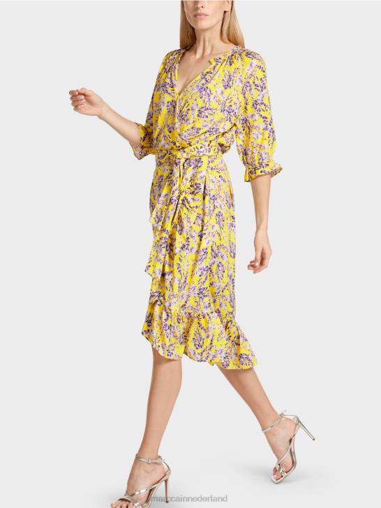 kleding citroen groen 464J75 jurk met print en overslageffect Marc Cain