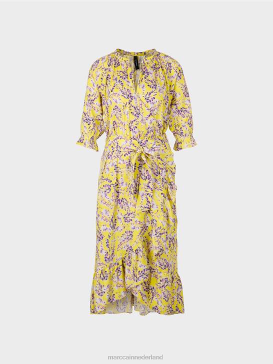 kleding citroen groen 464J75 jurk met print en overslageffect Marc Cain