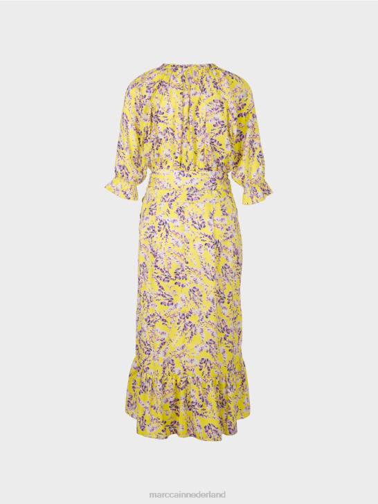 kleding citroen groen 464J75 jurk met print en overslageffect Marc Cain