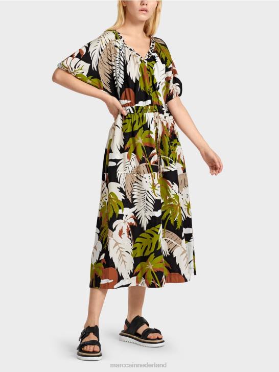 kleding diep olijfgroen 464J85 katoenen jurk met bladmotief Marc Cain