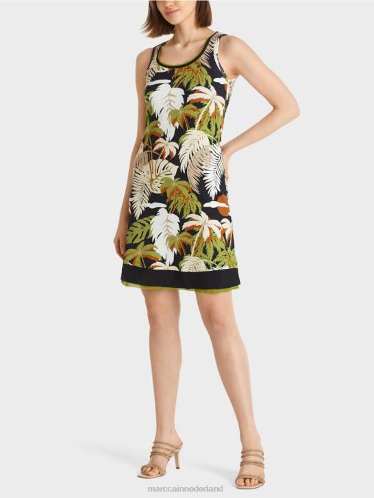 kleding diep olijfgroen 464J96 jurk met palmprint Marc Cain