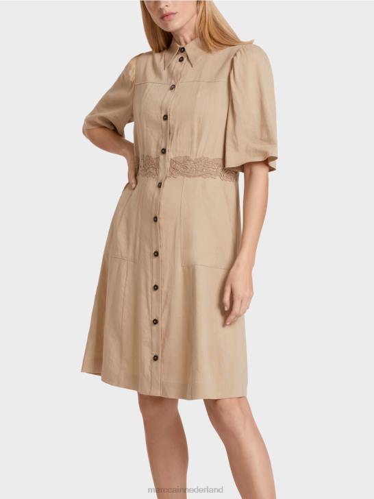 kleding diep zand 464J84 getailleerde linnen jurk Marc Cain