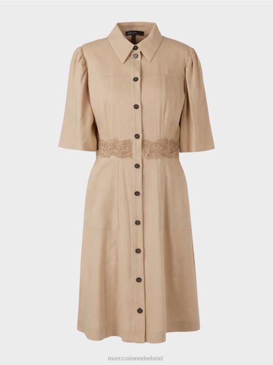 kleding diep zand 464J84 getailleerde linnen jurk Marc Cain
