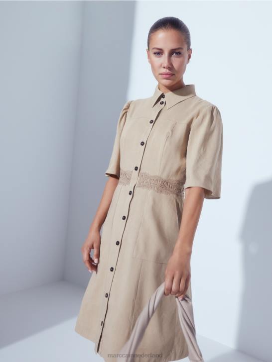 kleding diep zand 464J84 getailleerde linnen jurk Marc Cain