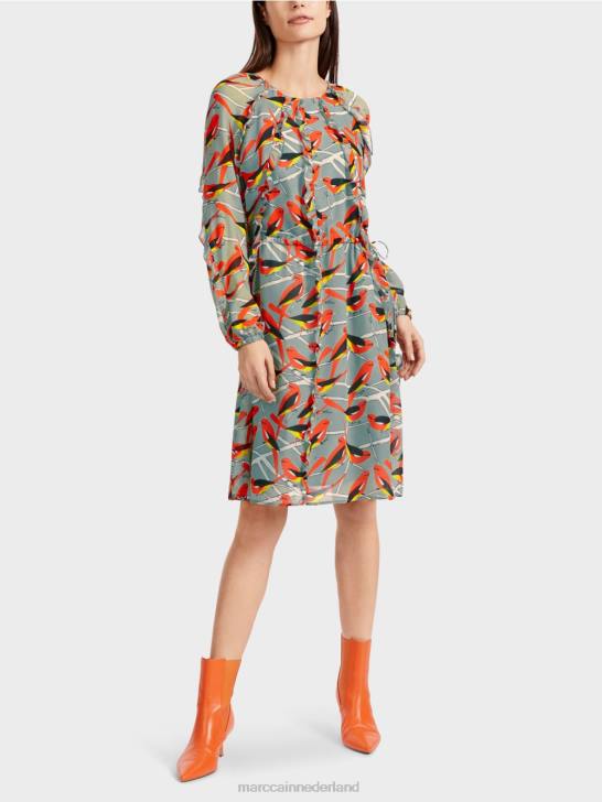 kleding donker hemelsblauw 464J44 jurk met vogelmotief Marc Cain