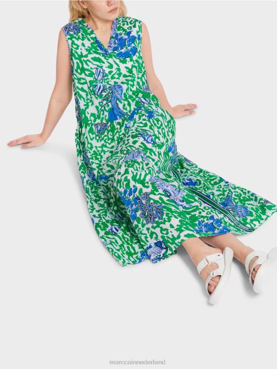 kleding helder basilicumblad 464J54 jurk met print en volants Marc Cain