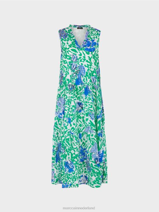 kleding helder basilicumblad 464J54 jurk met print en volants Marc Cain