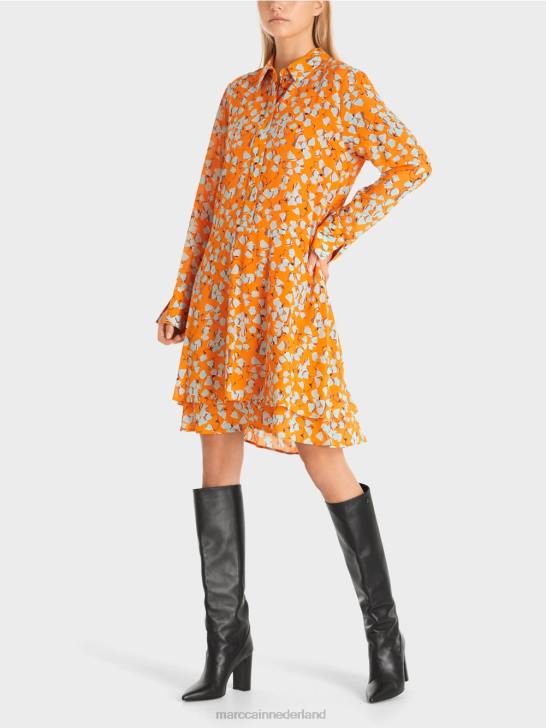 kleding helder oranje 464J141 overhemdjurk met volants Marc Cain