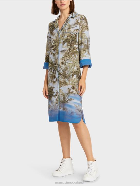 kleding licht poederblauw 464J100 overhemdjurk met all-over print Marc Cain