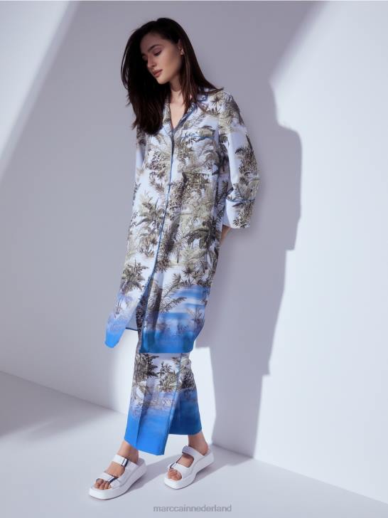 kleding licht poederblauw 464J100 overhemdjurk met all-over print Marc Cain