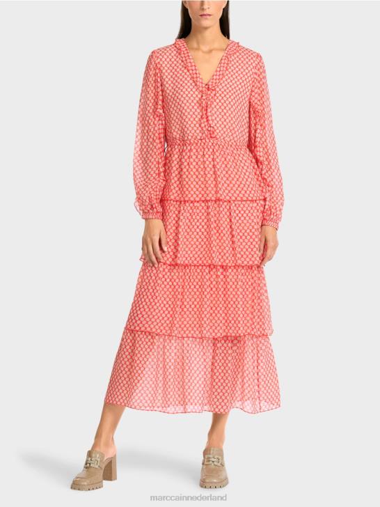 kleding mandarijn 464J110 volantjurk met stippenpatroon Marc Cain