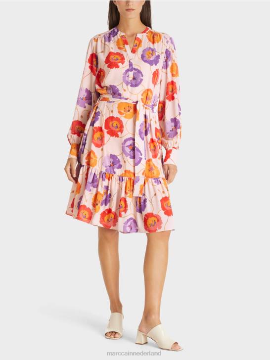 kleding mandarijn 464J143 bloemenjurk met ruches Marc Cain
