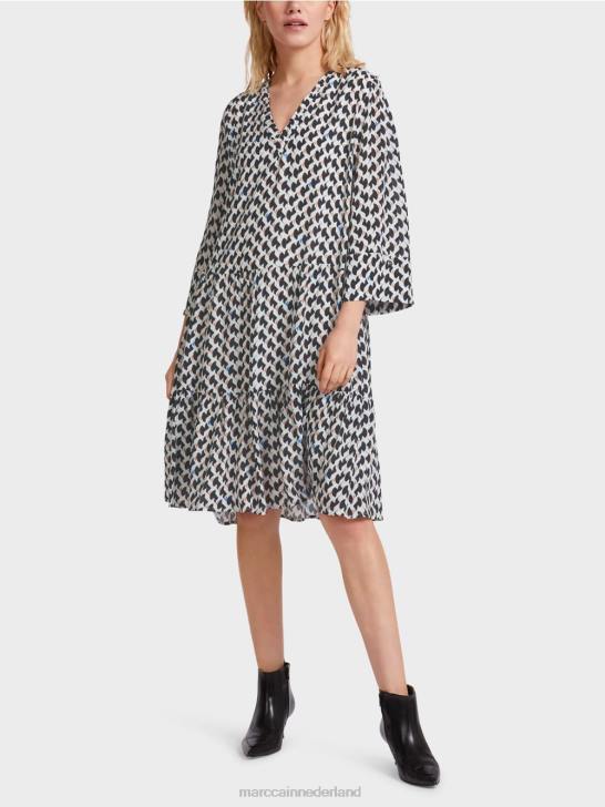 kleding middernacht blauw 464J53 jurk met print en volants Marc Cain