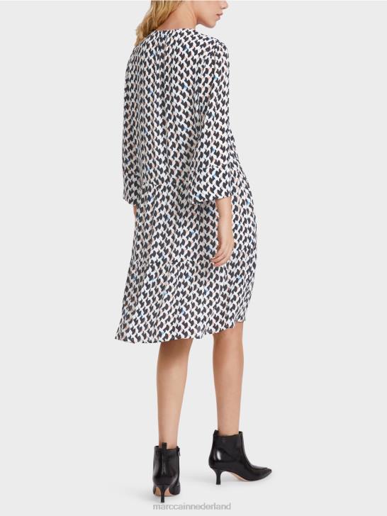 kleding middernacht blauw 464J53 jurk met print en volants Marc Cain