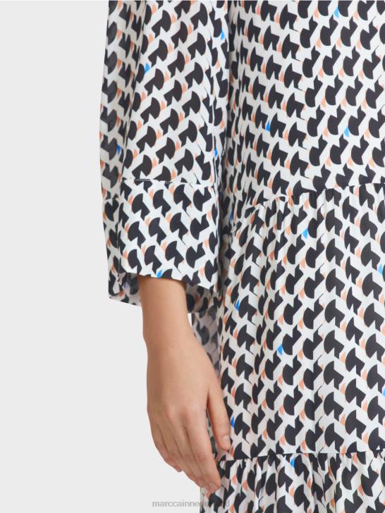 kleding middernacht blauw 464J53 jurk met print en volants Marc Cain