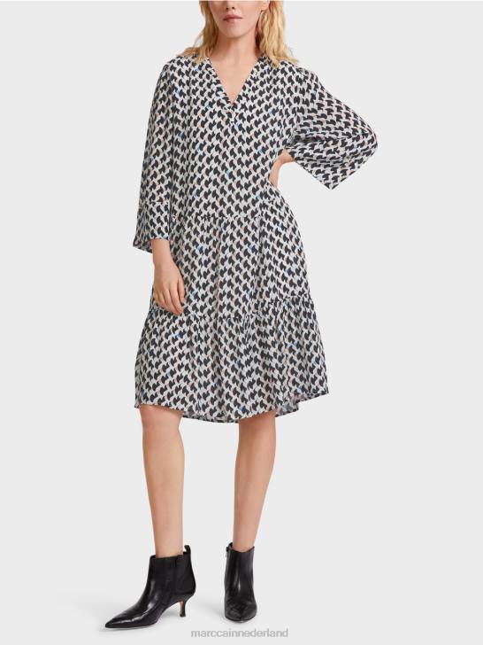 kleding middernacht blauw 464J53 jurk met print en volants Marc Cain