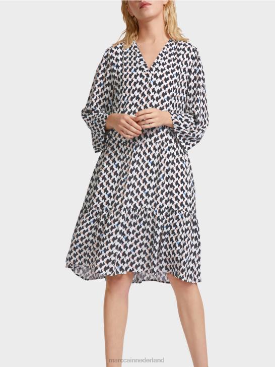 kleding middernacht blauw 464J53 jurk met print en volants Marc Cain