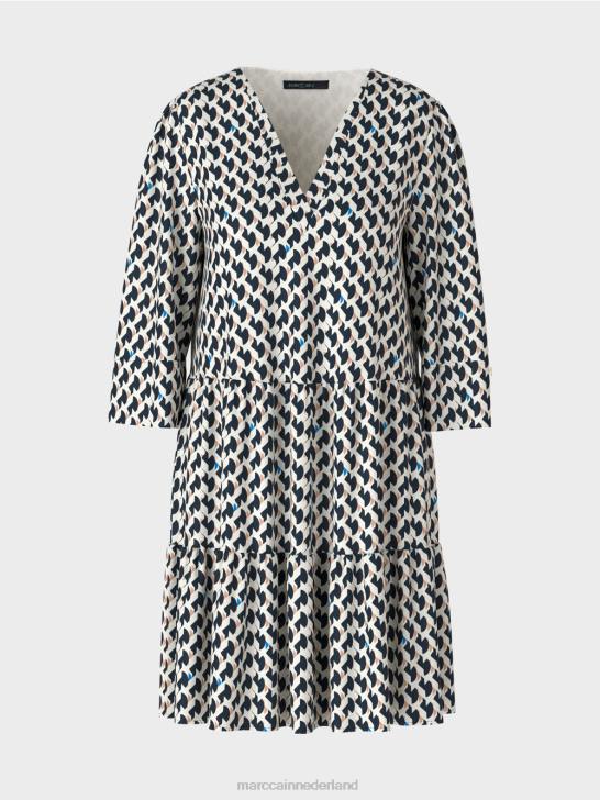kleding middernacht blauw 464J53 jurk met print en volants Marc Cain