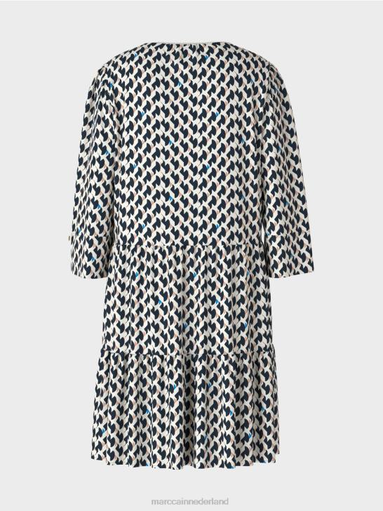 kleding middernacht blauw 464J53 jurk met print en volants Marc Cain
