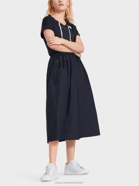 kleding middernacht blauw 464J56 effen jurkje met koordjes Marc Cain