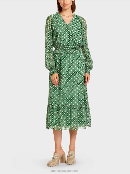 kleding mosgroen 464J124 lange jurk met geometrisch ontwerp Marc Cain