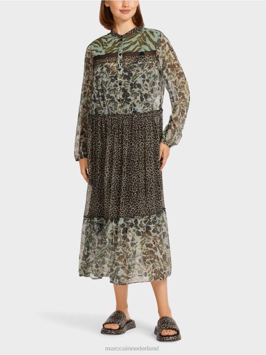 kleding zacht dakraam 464J114 lange gelaagde jurk met patroonmix Marc Cain