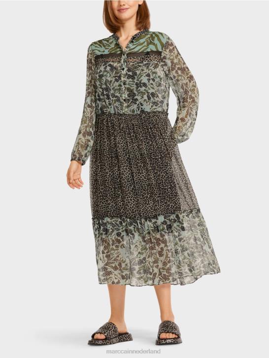 kleding zacht dakraam 464J114 lange gelaagde jurk met patroonmix Marc Cain