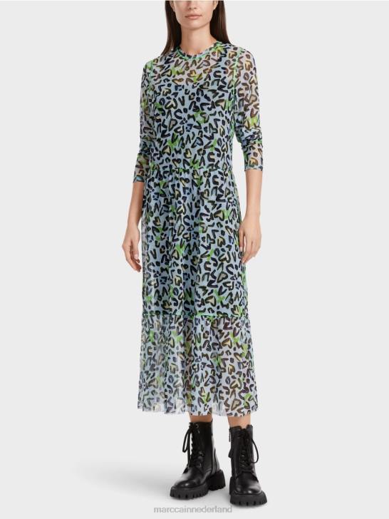 kleding zacht poederblauw 464J26 lange jurk met gelaagde rok Marc Cain