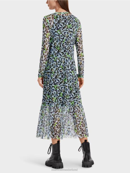 kleding zacht poederblauw 464J26 lange jurk met gelaagde rok Marc Cain