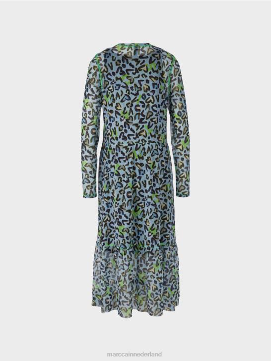 kleding zacht poederblauw 464J26 lange jurk met gelaagde rok Marc Cain