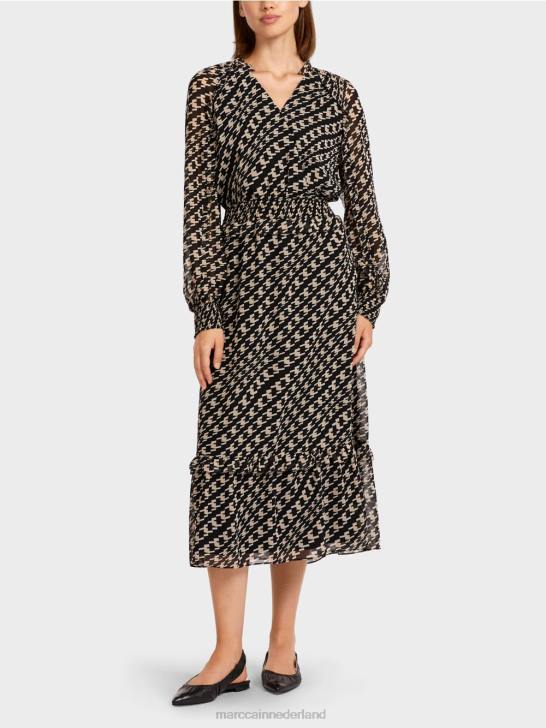 kleding zwart 464J127 lange jurk met geometrisch ontwerp Marc Cain
