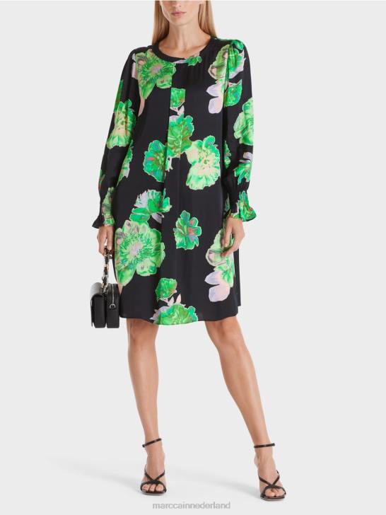 kleding zwart 464J13 jurkje met bloemenprint Marc Cain