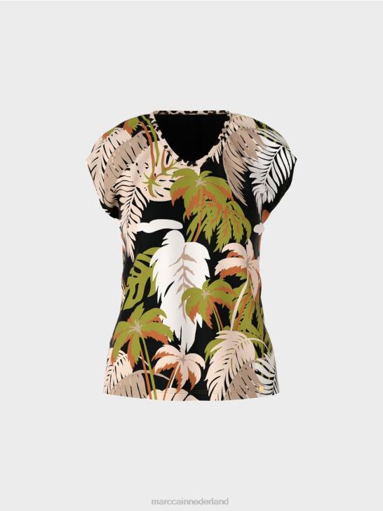 kleding diep olijfgroen 464J1394 t-shirt met tropische print Marc Cain