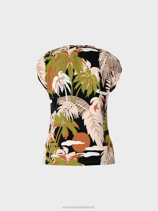 kleding diep olijfgroen 464J1394 t-shirt met tropische print Marc Cain