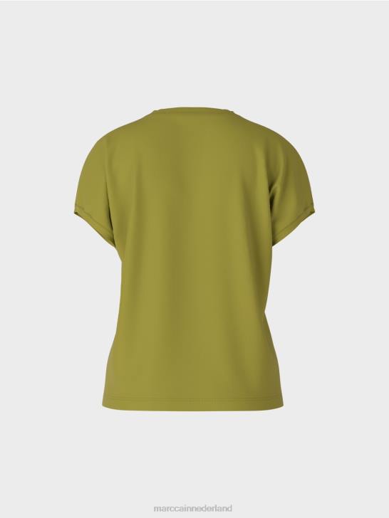 kleding diep olijfgroen 464J1395 effen t-shirt met v-hals Marc Cain