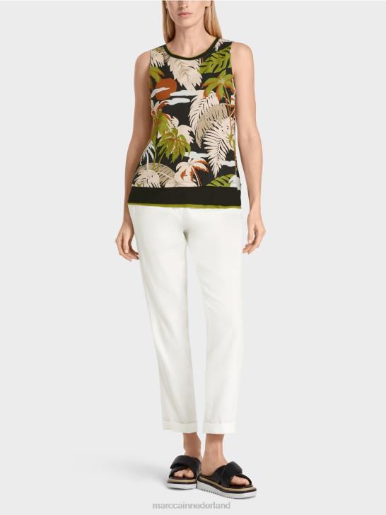 kleding diep olijfgroen 464J1399 mouwloze top met tropische print Marc Cain