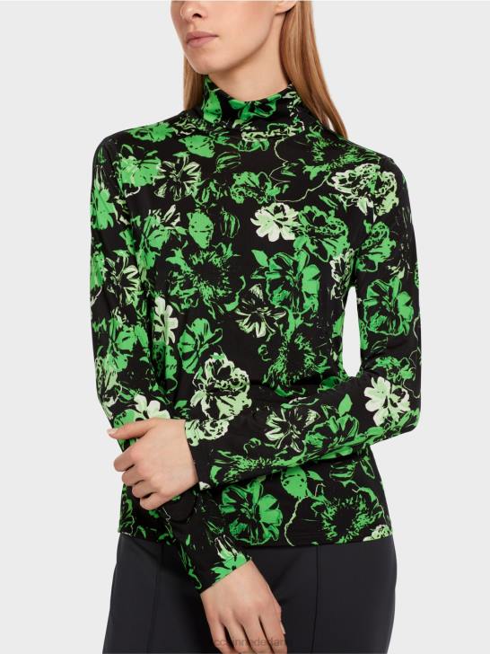 kleding donker appelgroen 464J1252 T-shirt met rolkraag en bloemendessin Marc Cain