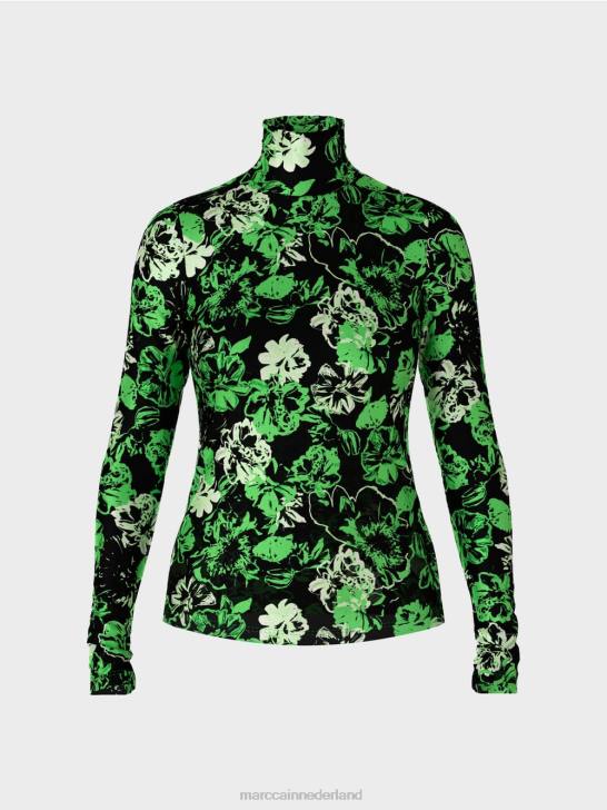 kleding donker appelgroen 464J1252 T-shirt met rolkraag en bloemendessin Marc Cain