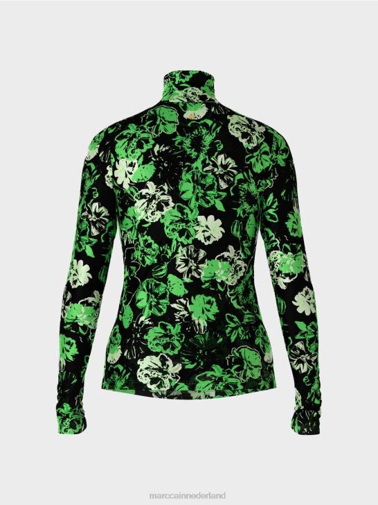 kleding donker appelgroen 464J1252 T-shirt met rolkraag en bloemendessin Marc Cain