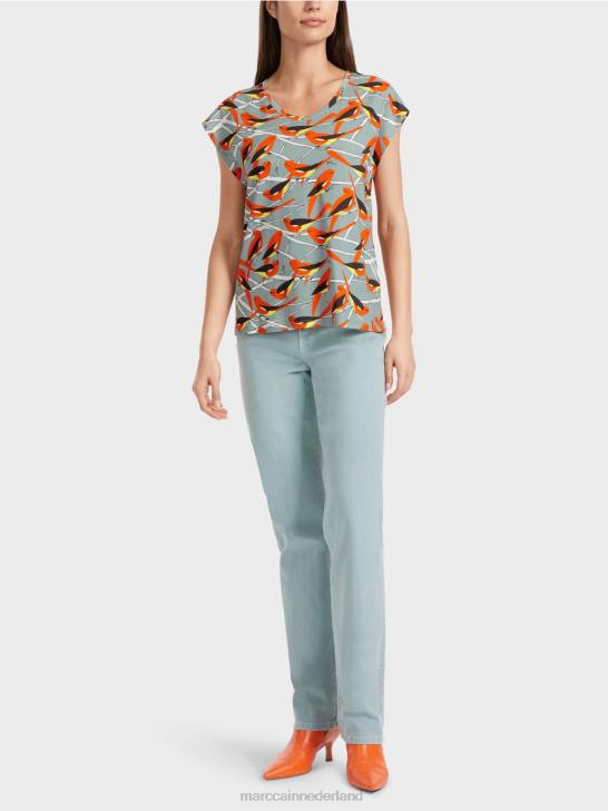 kleding donker hemelsblauw 464J1318 mouwloos t-shirt met vogelontwerp Marc Cain