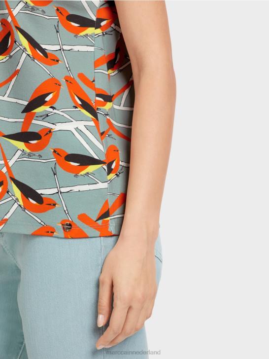 kleding donker hemelsblauw 464J1318 mouwloos t-shirt met vogelontwerp Marc Cain