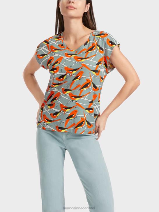 kleding donker hemelsblauw 464J1318 mouwloos t-shirt met vogelontwerp Marc Cain