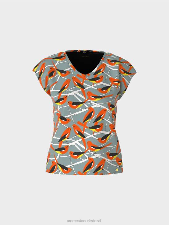 kleding donker hemelsblauw 464J1318 mouwloos t-shirt met vogelontwerp Marc Cain