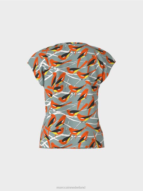 kleding donker hemelsblauw 464J1318 mouwloos t-shirt met vogelontwerp Marc Cain