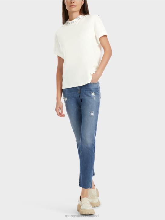 kleding gebroken wit 464J1285 T-shirt met kralenkraag Marc Cain