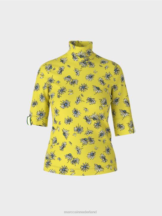 kleding groene zwavel 464J1441 top met opstaande kraag en madeliefjespatroon Marc Cain