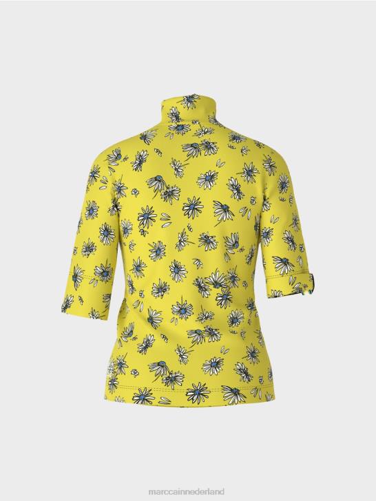 kleding groene zwavel 464J1441 top met opstaande kraag en madeliefjespatroon Marc Cain