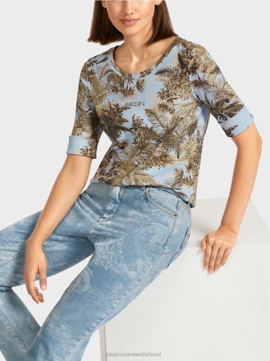 kleding licht poederblauw 464J1412 T-shirt met print in fijn geribd design Marc Cain