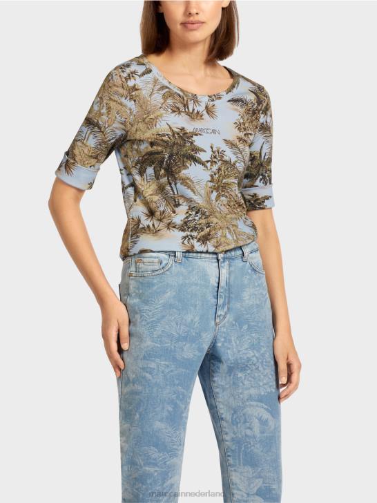 kleding licht poederblauw 464J1412 T-shirt met print in fijn geribd design Marc Cain